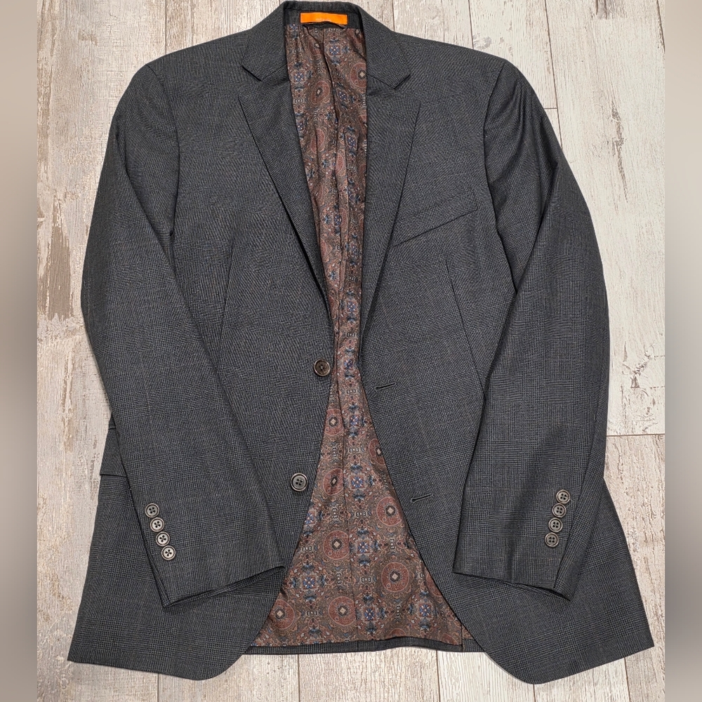 38R Men's TALLIA Blazer Gray Tartan 2 Button 100% Wool Sport Coat - Picture 2 of 8